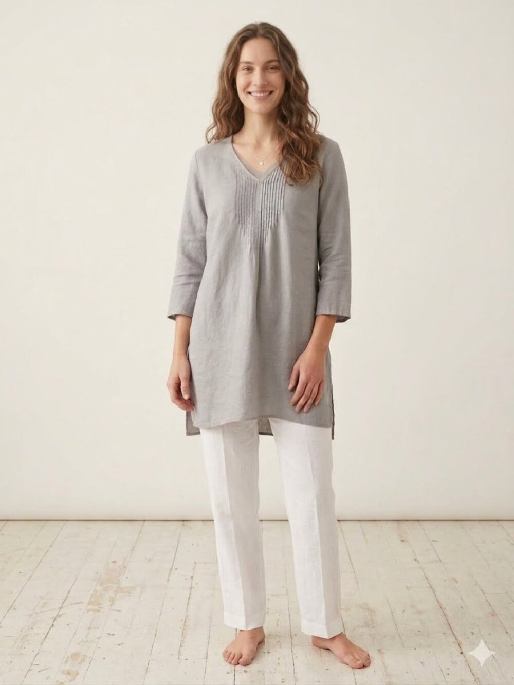 J. Jill linen gray v-neckline, pintucked top, size MT